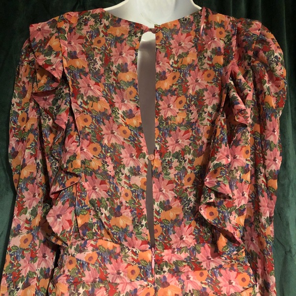 Zara floral ruched mini dress with ruffles and sheer balloon long sleeves - Picture 4 of 4